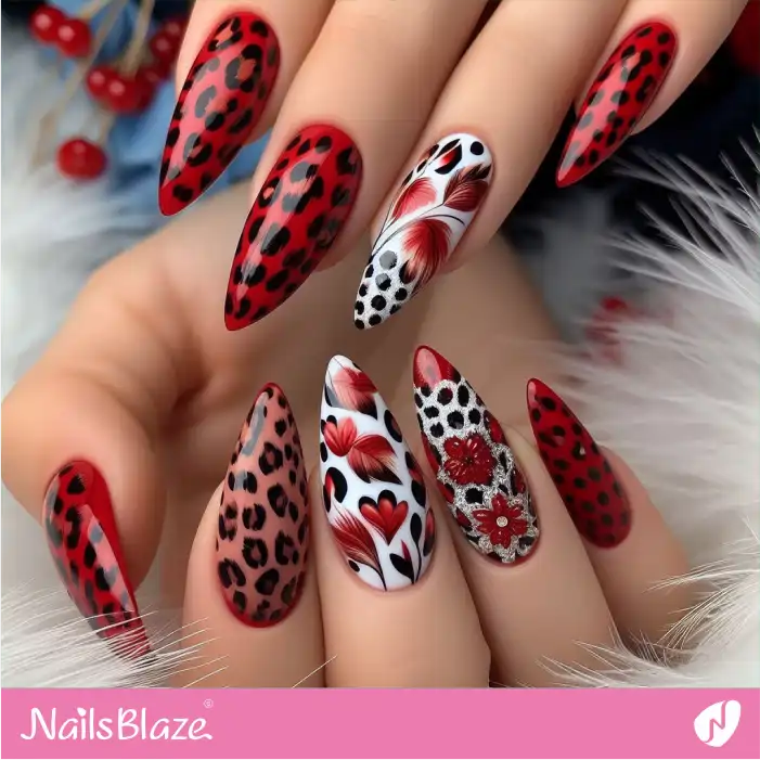 Leopard Print Red and White Nails | Animal Print Nails - NB2567